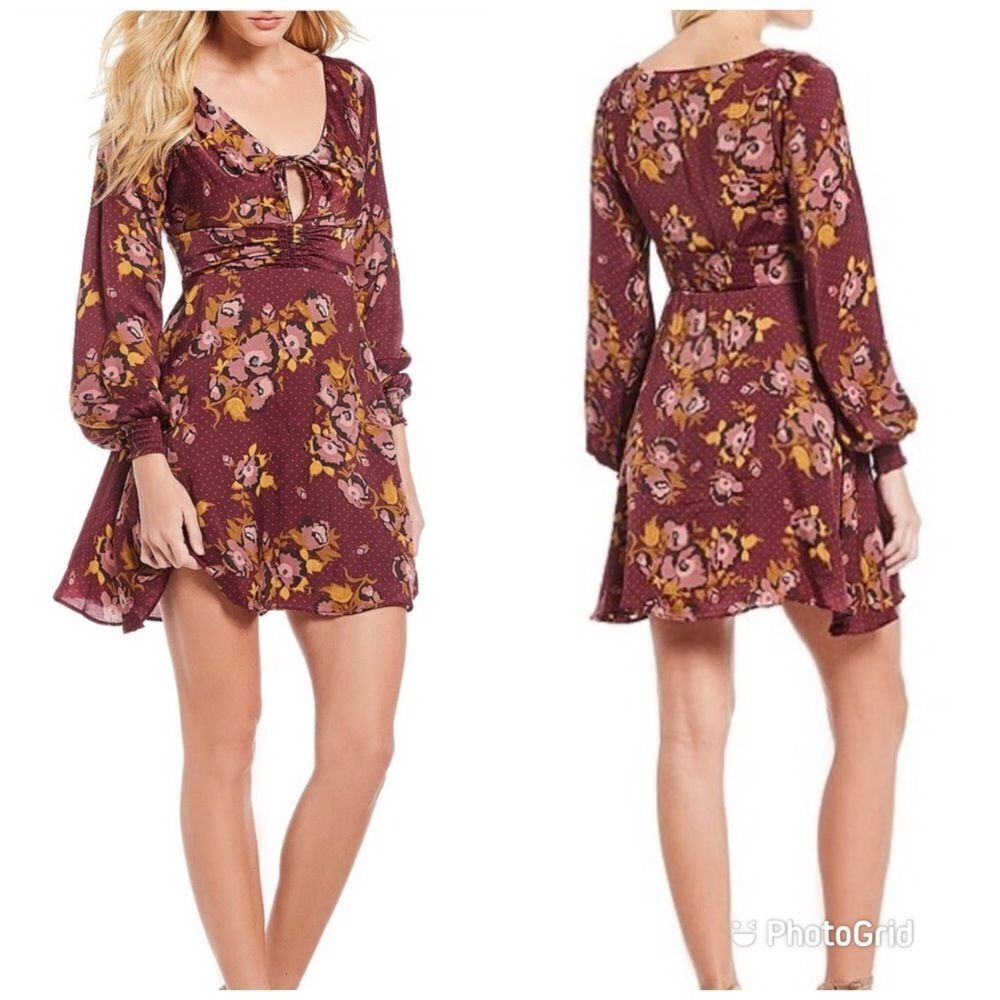 FREE PEOPLE Morning Light Mini Dress Long Sleeve Floral Satin Purple Size 0 New